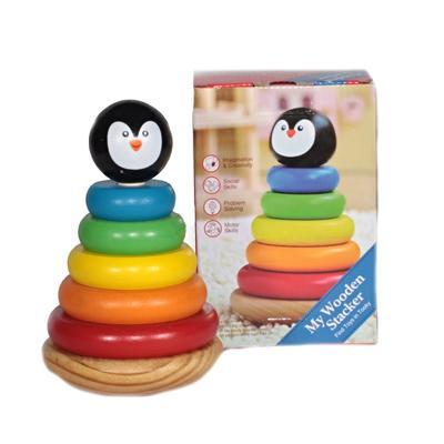 Dětské dřevěné barevné skládací kroužky Tučňák