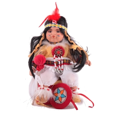 Porcelánová panenka Cree indián s bubnem 30 cm - 1
